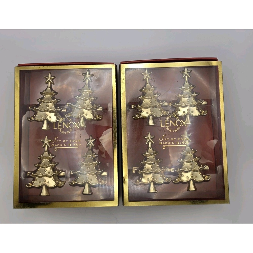 Lenox Holiday Gold Tone Christmas Tree Napkin Rings Set of 8 (2 Sets of 4)